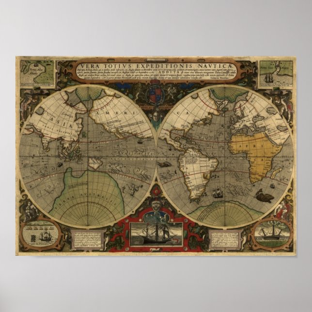 "1595 World Map of Hondius" Historic Karta Poster (Framsidan)