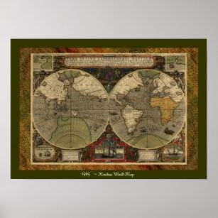 "1595 World Map of Hondius" Historic Karta Poster