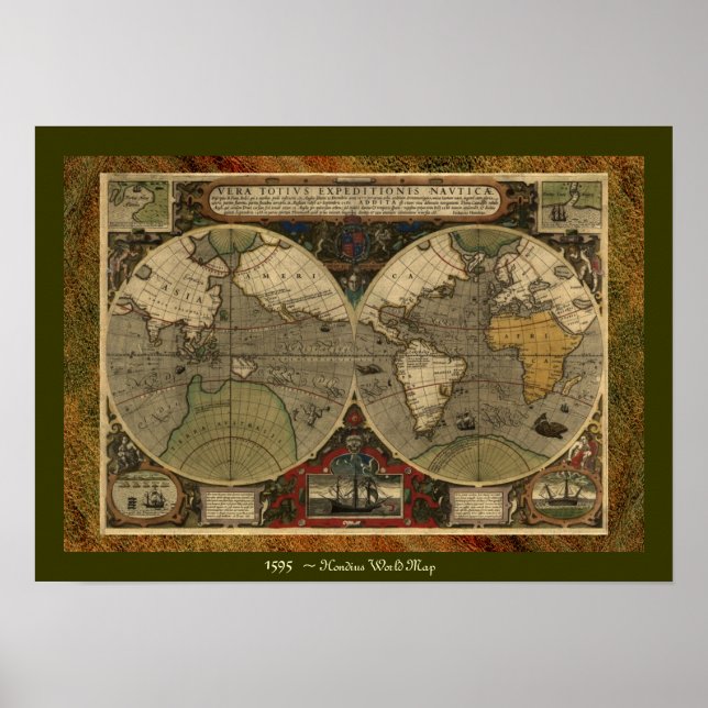 "1595 World Map of Hondius" Historic Karta Poster (Framsidan)