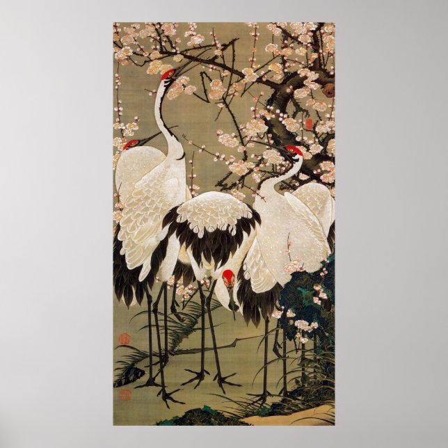 15. 梅 花 群 鶴 図, 若 Blommar och Cranes, Jakuchū Poster (Framsidan)