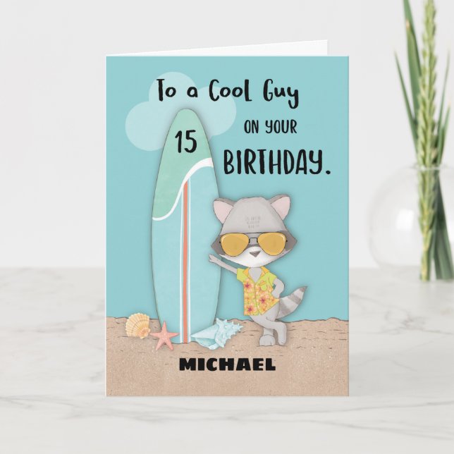 15 år Guy Birthday Beach Funny Coola Raccoon Card Kort (Framsida)