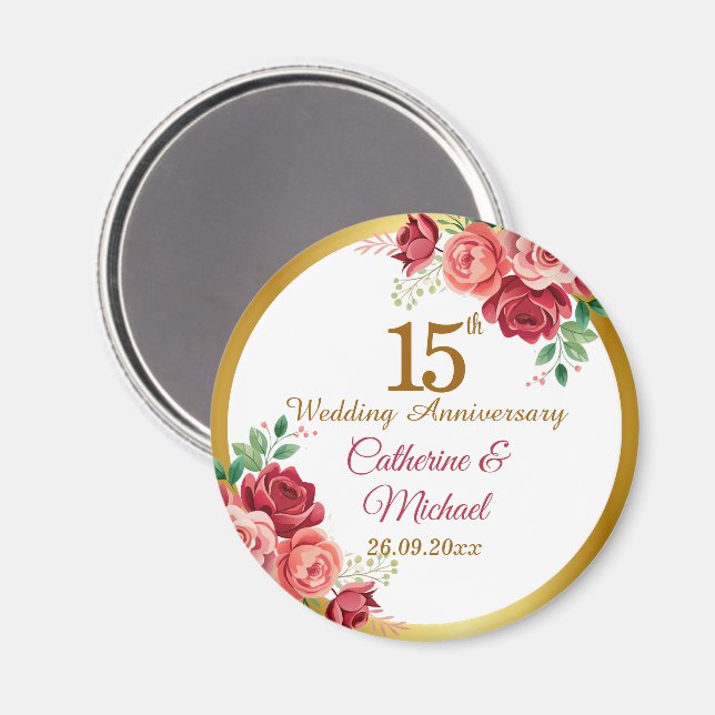 15-års bröllopsdag Guld ram Blommig Magnet (Front/Back)