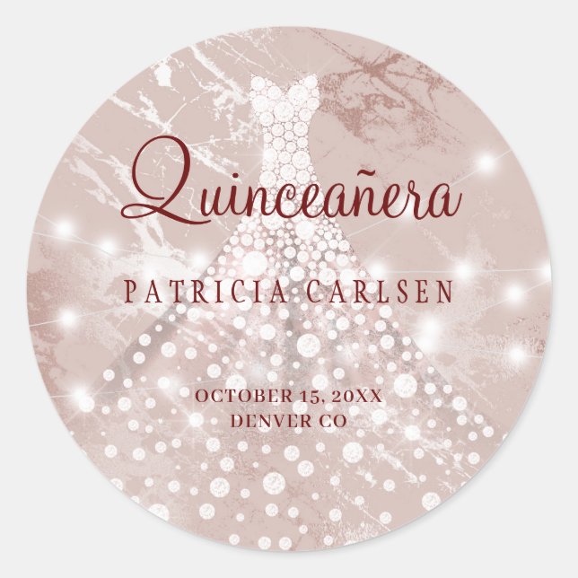 15-års födelsedag quinceanera roséguld klänning gl runt klistermärke (Framsida)