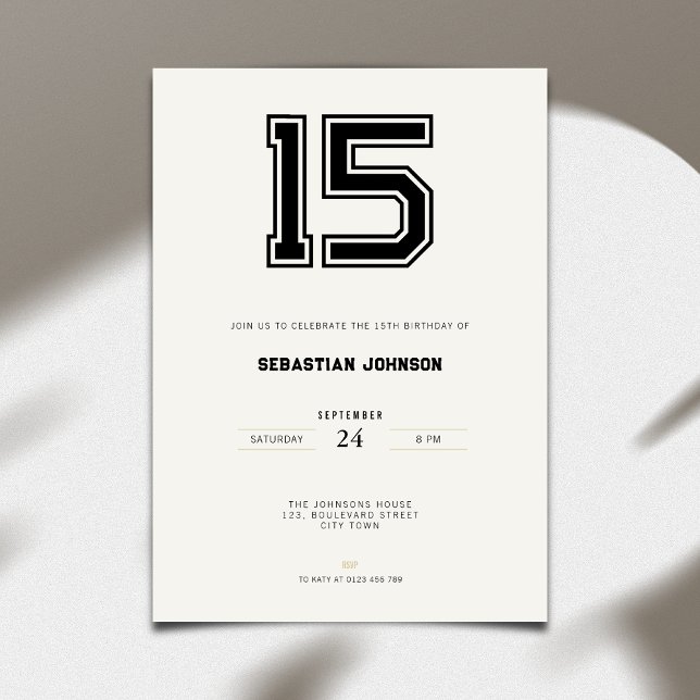 15-års födelsedagsinbjudan - Minimal sportstil Inbjudningar (15th birthday invitation simple sport design for teenagers)