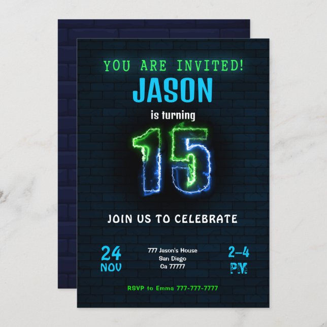 15-års pojkfödelsedagsinbjudan inbjudningar (Fram/baksida)