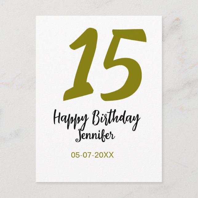 15-års quiencenera tillägg datum år guld vykort (Framsida)