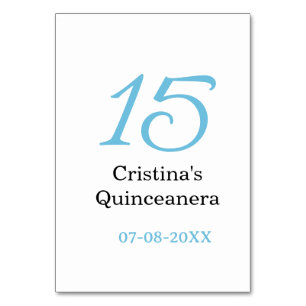 15-års quinceanera födelsedag blå svart fet boksta bordsnummer