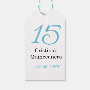 15-års Quinceanera födelsedag blå svart fet boksta Presentetikett