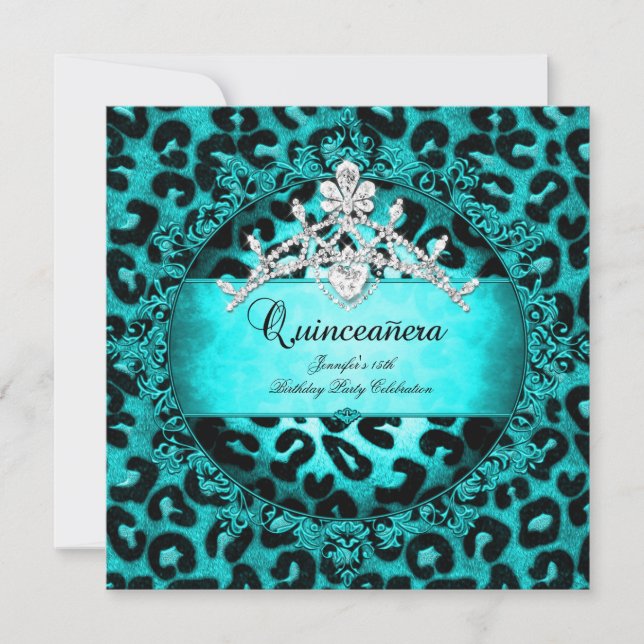 15-års Quinceanera leopard turkos tiara Inbjudningar (Framsida)