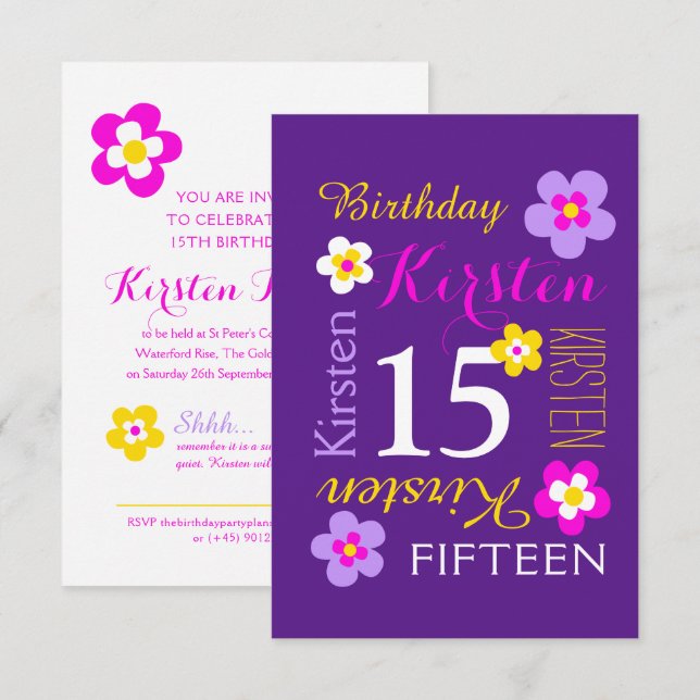 15-årsdag blommor gula rosa lila överraskning inbjudningar (Fram/baksida)