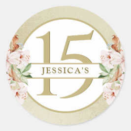 15-årsdag (eller annan) Champagne Guld Blommig Runt Klistermärke