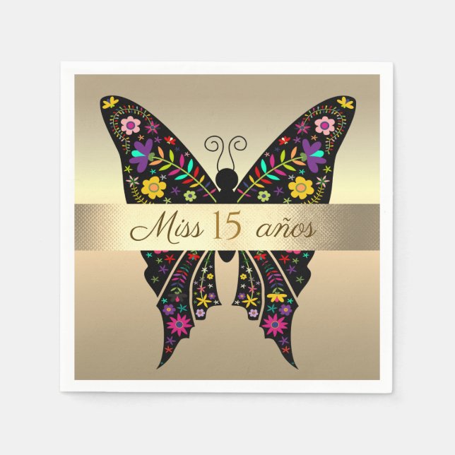 15-årsdag, Färgglad Fjäril Guld Folie Pappersservett (Framsidan)