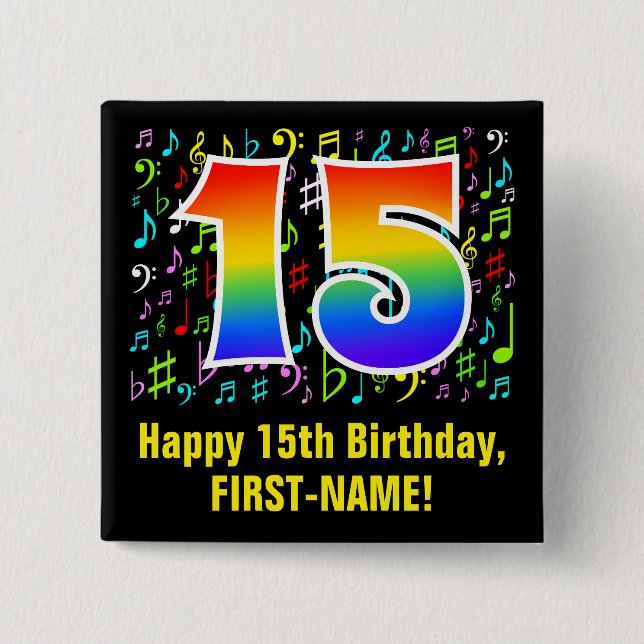 15-årsdag: Färgglada musik symboler, regnbåge 15 Knapp (Framsida)
