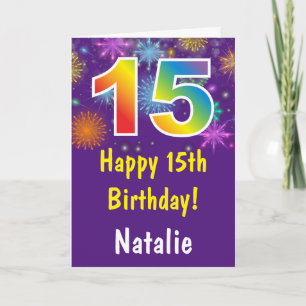 15-årsdag Färgglada regnbågsfyrverkeri Lila Kort