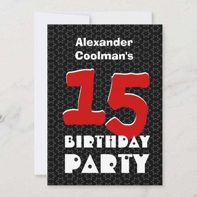 15-årsdag Modern Tonåring Svart Vita Stjärnor W10C Inbjudningar (Framsida)