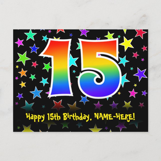 15-årsdag: Roligt stjärnmönster, regnbåge 15, namn Vykort (Framsida)