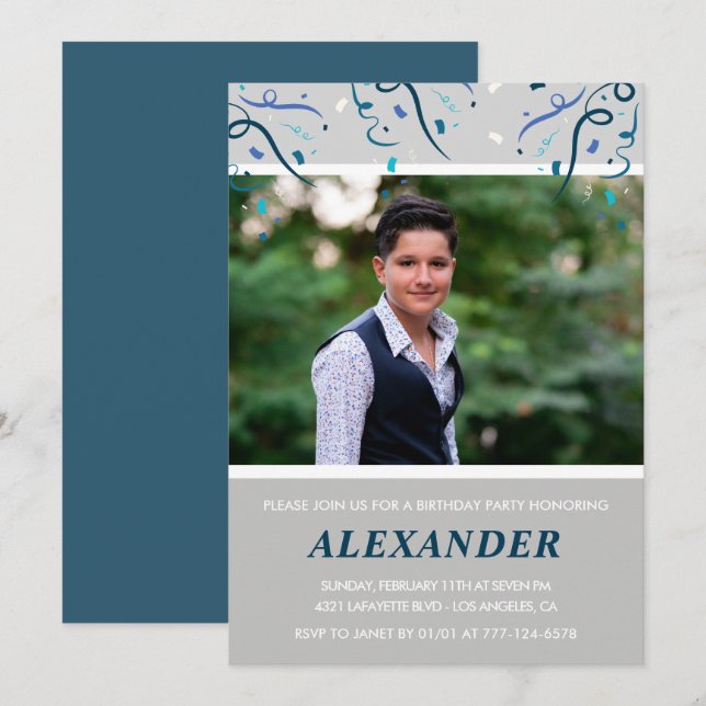 15-årsinbjudningar Manar Confetti Photo Navy Inbjudningar (Fram/baksida)