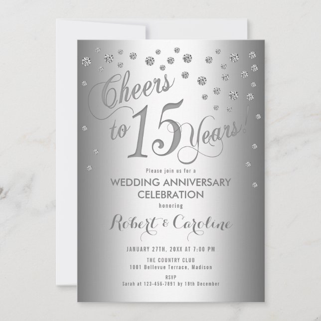 15-årsjubileum för bröllop - Elegent silvervit Inbjudningar (Framsida)