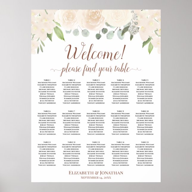 15 Bord Blush Rosa Rosor Bröllop Placeringsplan Poster (Framsidan)