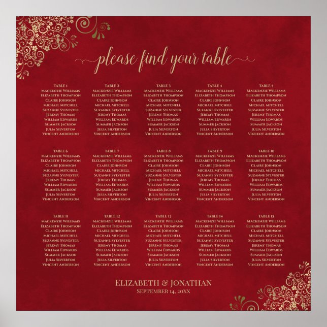 15 Bord Bröllop-sätesschemat Guld Snöre på Röda Poster (Framsidan)