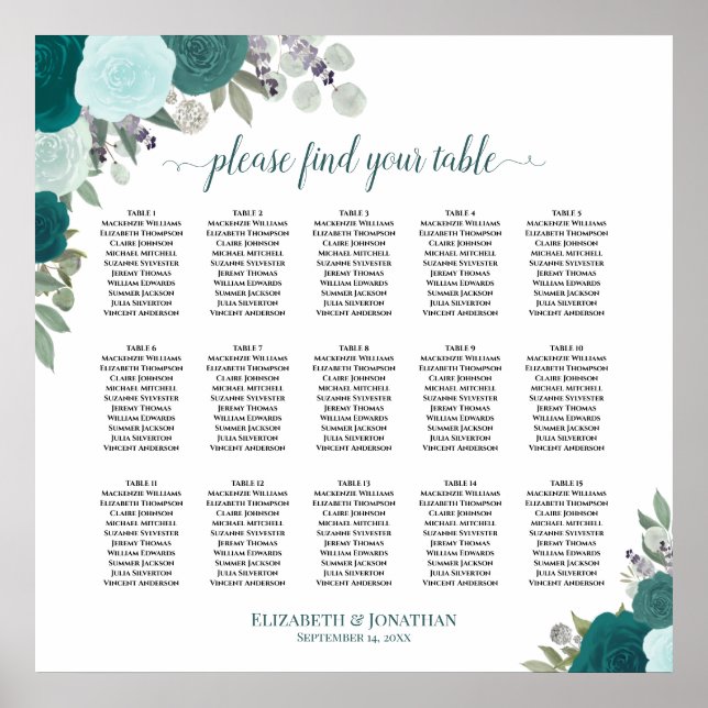 15 Bord Elegant Teal Ro Bröllop-sätesdiagram Poster (Framsidan)