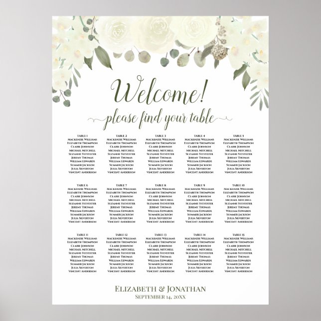15 Bord Elfenbensvita Rosor Bröllops Sittplatskart Poster (Framsidan)