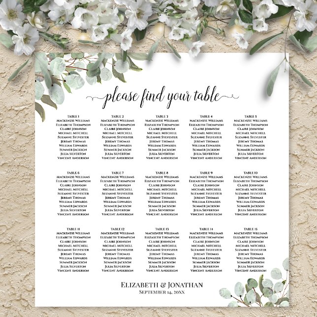 15 Bord Eucalyptus Löv sätesdiagram för Bröllop Poster (In Situ On Wall with Flowers)