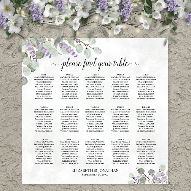 15 Bord Eukalyptus Lavendel Bröllopsplatskarta Poster (In Situ on Wall with Decorations)