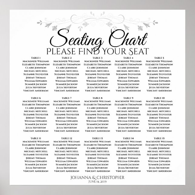 15 Bord Filigree Bröllop-sätesdiagram Poster (Framsidan)