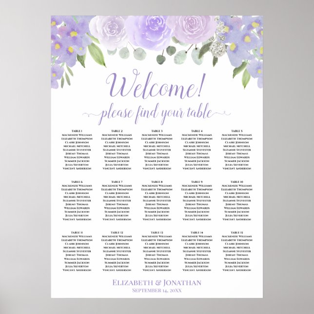 15 Bord Lavendel Rosor Boho Bröllops Sittplatskart Poster (Framsidan)