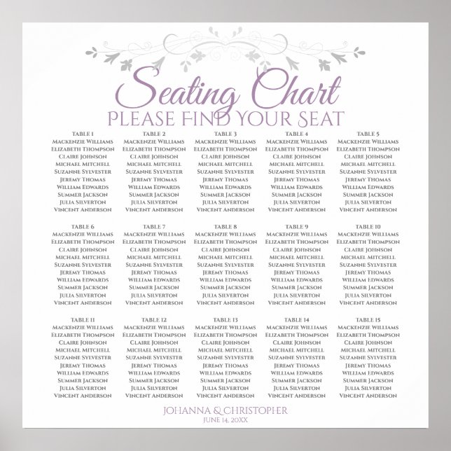 15 Bord Lavender on White Bröllop Seating Chart Poster (Framsidan)
