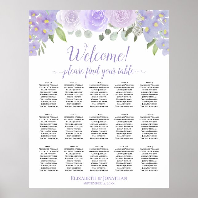 15 Bord Lavender Ro Boho Bröllop Sittplatsdiagram Poster (Framsidan)