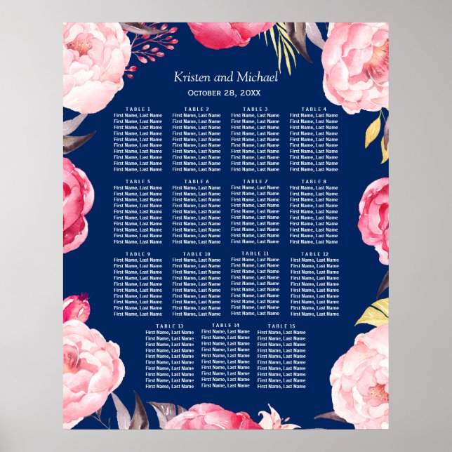 15 Bord Rosa Blommigt sätesdiagram över säten i ut Poster (Framsidan)