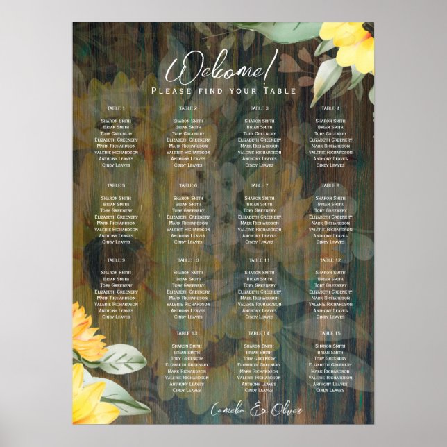 15 Bord Rustic Wood SUNFLOWERS FOTO SEATING Poster (Framsidan)