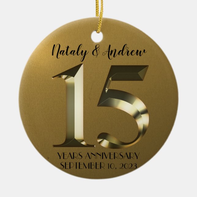 15:e Bröllop-årsdagen för metallgulden Julgransprydnad Keramik (Framsidan)