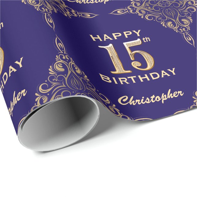 15:e födelsedag Blått och Guld Glitter Ram Presentpapper (Rullad Hörn)