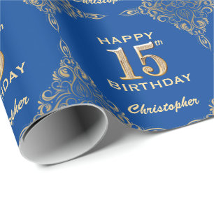 15:e födelsedag Blått och Guld Glitter Ram Presentpapper