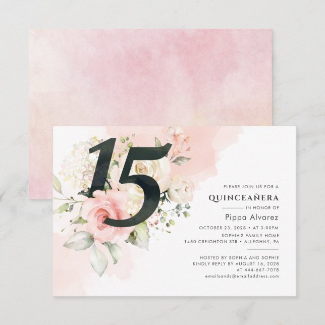 15:e födelsedag Blommigt Rosa Quinceanera Botanica Inbjudningar (Fram/baksida)