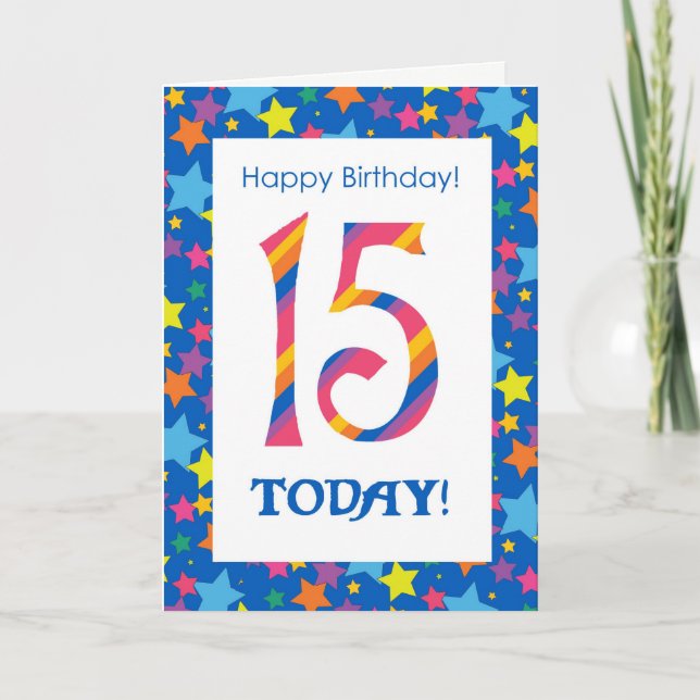 15:e födelsedag Bright, färgstark Rand och stjärno Kort (Framsida)
