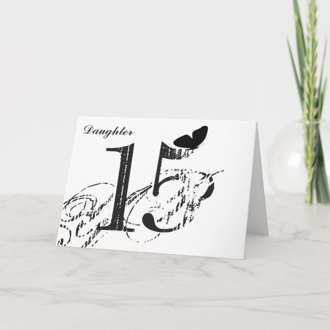 15:e födelsedag, dotter, fjäril, svart och vitt. kort (Framsida)