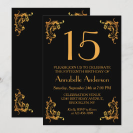15:e födelsedag Elegant Guld Black Vintage Retro Inbjudningar