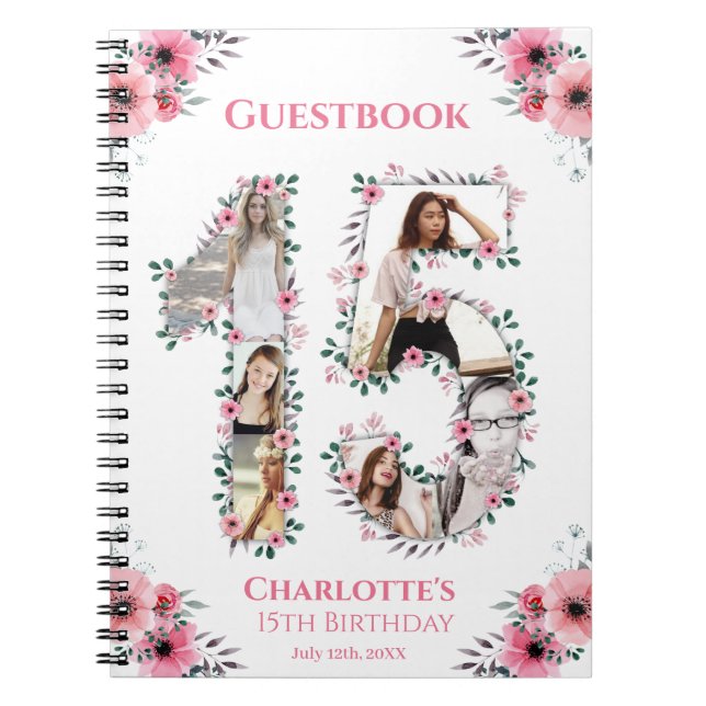 15:e födelsedag Fotokollage Rosa Flower Guest Bok Anteckningsbok (Framsidan)