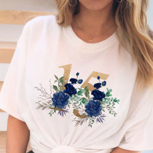 15:e födelsedag Guld Blommigt nummer 15 Blå Ro T Shirt