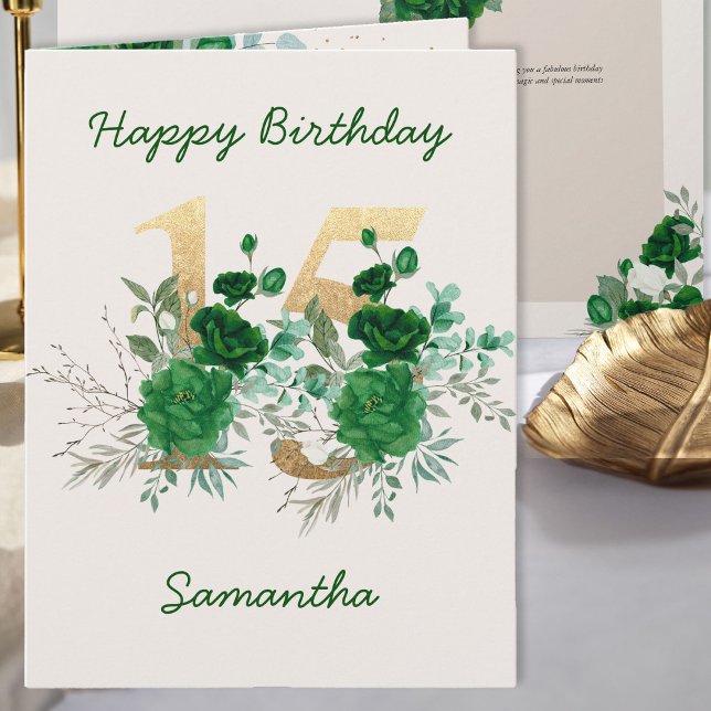 15:e födelsedag Guld nummer 15 Blommigt Personlig Kort (15th Birthday Card from the Royal Rose Emerald Green Quinceanera Collection by Darling & May)