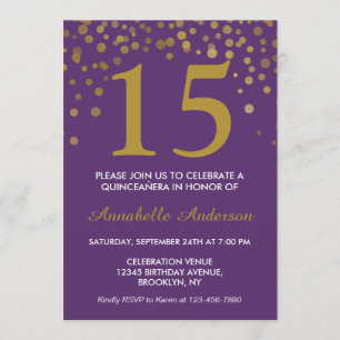 15:e födelsedag Lila Guld Dots Quinceañera Inbjudningar