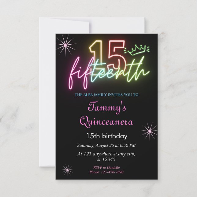 15:e födelsedag Neon Quinceanera Inbjudningar (Framsida)