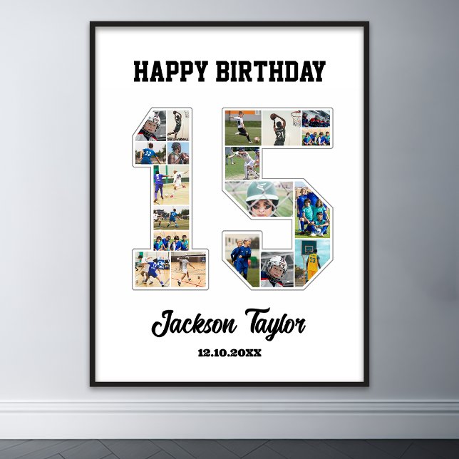 15:e födelsedag Nummer 15 Fotokollage Poster (15th birthday number 15 photo collage)