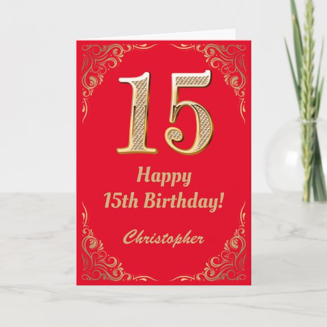 15:e födelsedag Röda och Guld Glitter Ram Kort (Framsida)