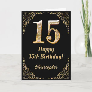 15:e födelsedag Svarta och Guld Glitter Ram Kort