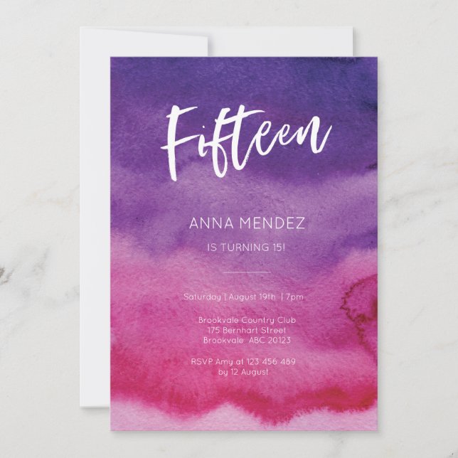 15:e födelsedagarinbjudan Rosa Lila Watercolor Inbjudningar (Framsida)